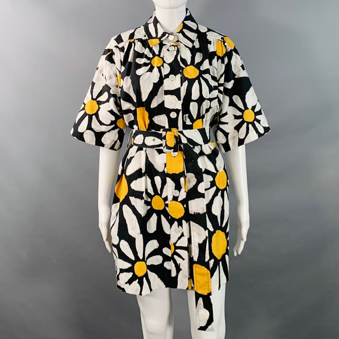 MARNI Size 2 Euphoria Black White Yellow Poplin Floral Pockets Belted Mini Shirt Dress
