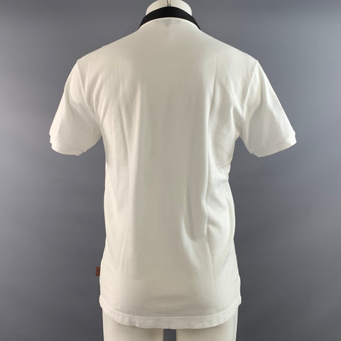 GUCCI Size M White Black Mixed Fabrics Cotton Leather Hidden Buttons Polo