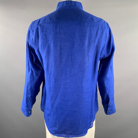 ARMANI COLLEZIONI Size L Blue Cobalt Solid Linen Long Sleeve Shirt