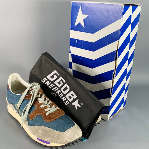 GOLDEN GOOSE STARLAND Size 11 Blue Grey Brown Color Block Canvas Suede Low Top Sneakers