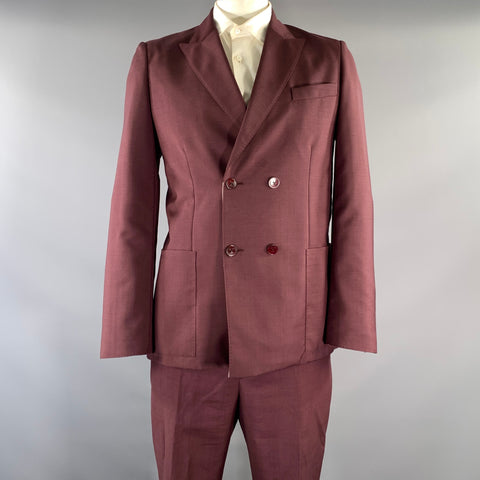 VALENTINO Chest Size 42 Burgundy Solid Mohair Blend Double Breasted 34 32 Suit