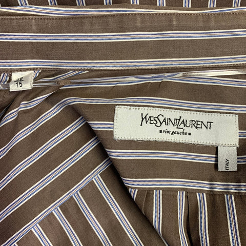YVES SAINT LAURENT Size S Brown Navy White Stripe Button Down Collar Cotton Long Sleeve Shirt