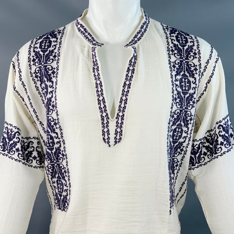 ISABEL MARANT Size M Piperi White Navy Embroidery Cotton V-Neck Pullover