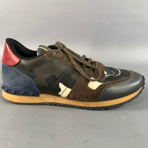 VALENTINO Size 9 Navy Olive Camo Mixed Fabrics Runner Sneakers