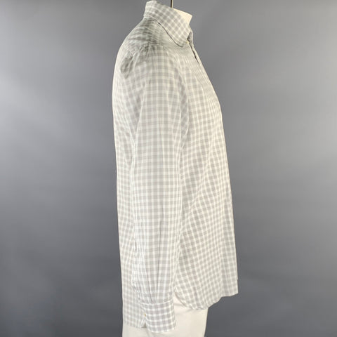 LORENZINI Size XL White Grey Gingham Cotton Button Down Long Sleeve Shirt