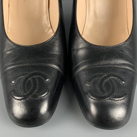 CHANEL Size 8 Black Leather Logo Classic Chunky Heel Pumps