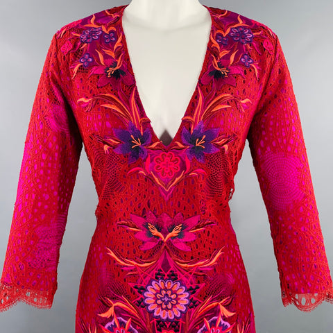 MATTHEW WILLIAMSON Size M Red Fuchsia Nylon Embroidered 3/4 Sleeves Dress
