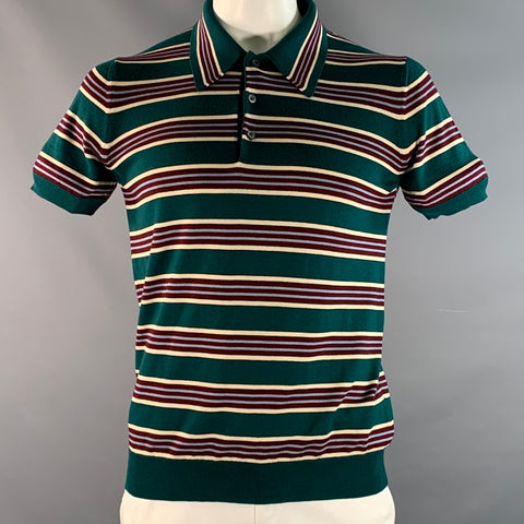 PRADA Taille L Polo en Laine Vierge et Soie Vert Bourgogne Rayé Blanc