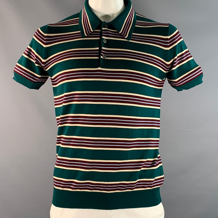 PRADA Size L Green Burgundy & White Stripe Virgin Wool / Silk Half Placket Polo