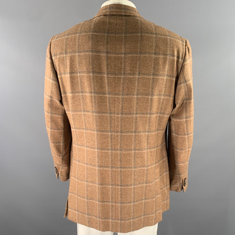 ISAIA Size 46 Brown Blue Grey Plaid Cashmere Notch Lapel Sport Coat