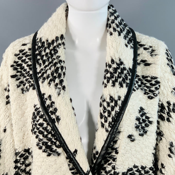 DEREK LAM Size 6 White Black Acrylic Blend Knit Contrast Trim Coat