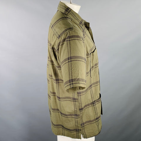 SAGE DE CRET Size L Green Black Plaid Cotton Silk Short Sleeve Shirt