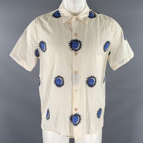 PS by PAUL SMITH Size M Cream Black & Blue Embroidery Short Sleeve Shirt