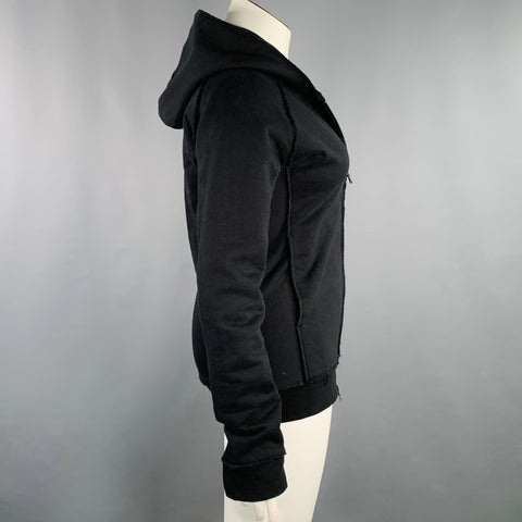 WJK Size L Black Cotton Raw Edge Zip Up Hoodie
