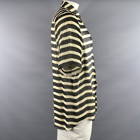 EX FINITAS Size L Cream Black Stripe Viscose Pointed Collar Short Sleeve Shirt