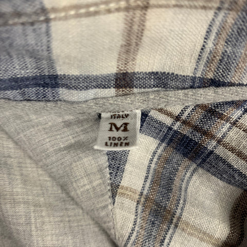 BRUNELLO CUCINELLI Size M Blue Brown Plaid Linen Button Down Long Sleeve Shirt