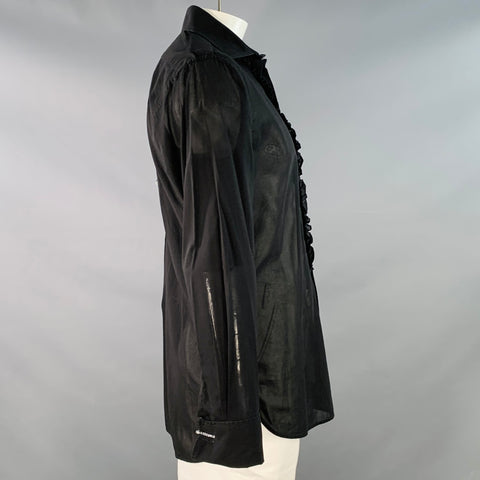 FAVOURBROOK Size L Black Ruffled Cotton French Cuff Hidden Buttons Long Sleeve Shirt