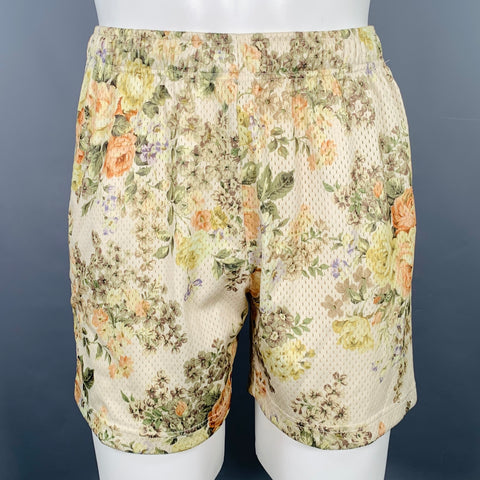 JOHN ELLIOTT Size XS Cream Green Floral Polyester Drawstring Shorts