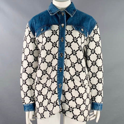 SANDRO Size L Blue Black White Hearts Cotton Blend Denim Jacket