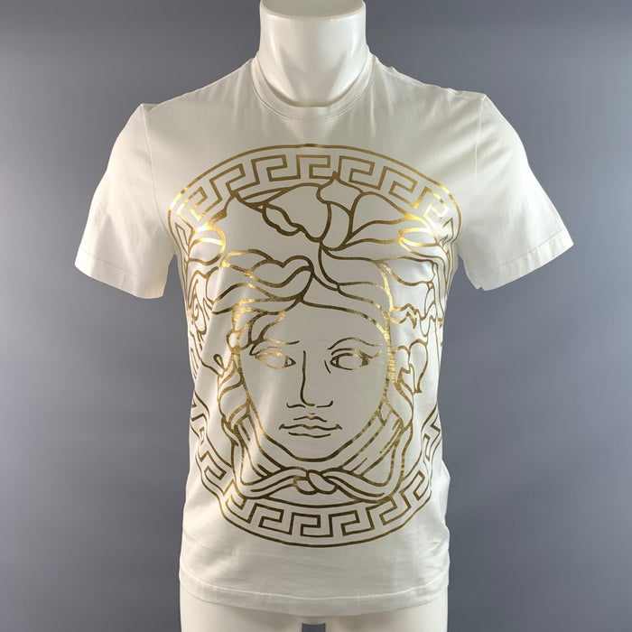 VERSACE Size XS White Gold Medusa Cotton T Shirt Short Sleeve Shirt