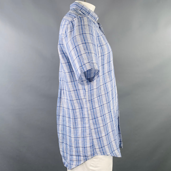 PAL ZILERI Size L Blue White Plaid Linen Short Sleeve Shirt