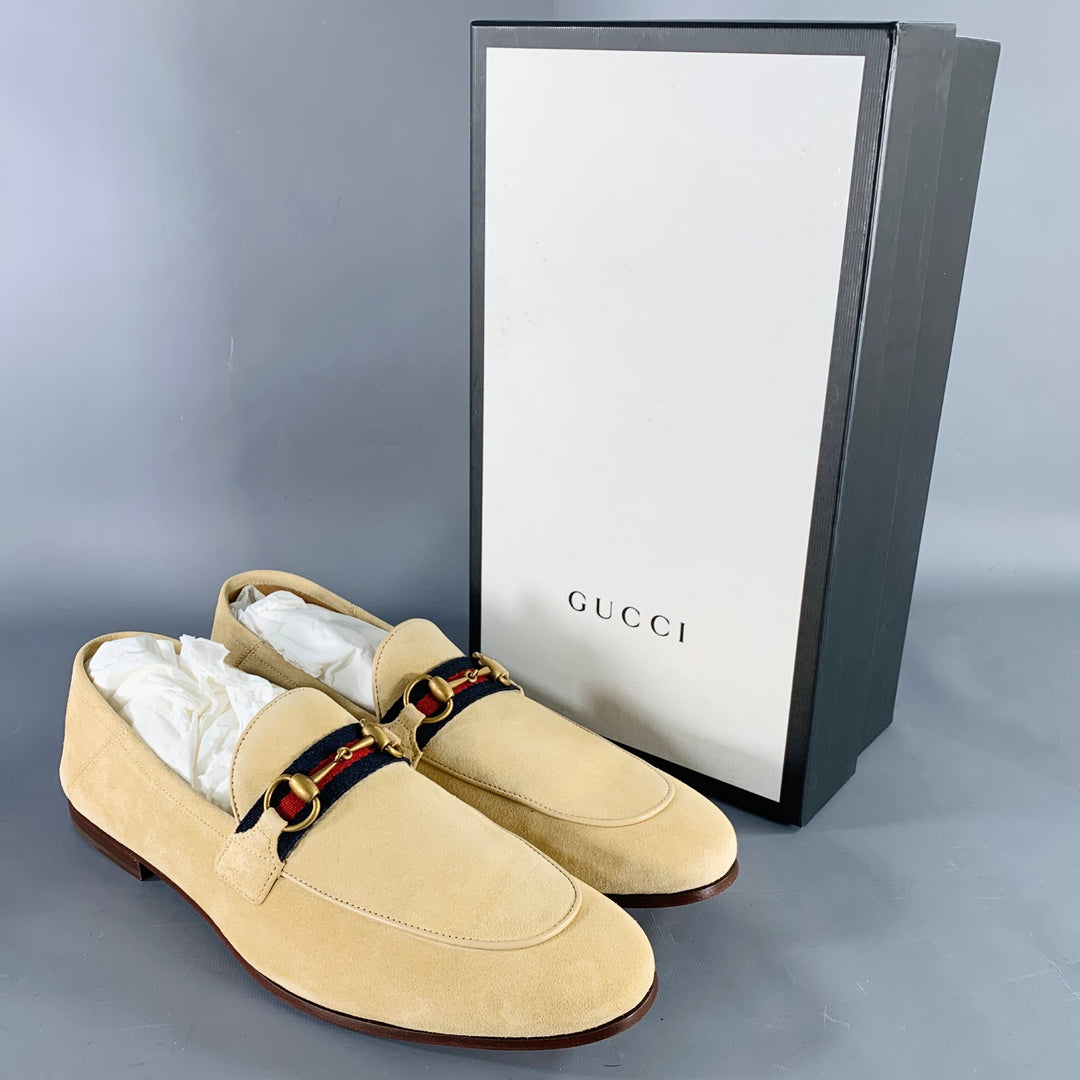 GUCCI Size 12.5 Beige Navy Red Ribbon Trim Suede Loafers