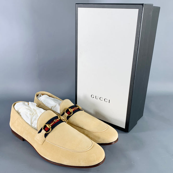 GUCCI Size 12.5 Beige Navy Red Ribbon Trim Suede Loafers