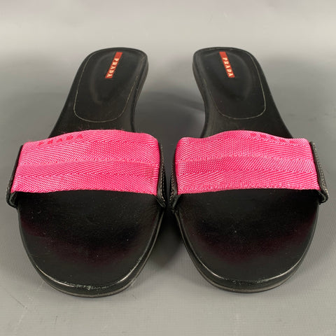 PRADA Size 8 Black Pink Nylon Mixed Materials Leather Trim Slip On Sandals