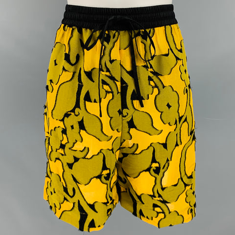 PRABAL GURUNG Size M Yellow Black Floral Athletic Drawstring Shorts
