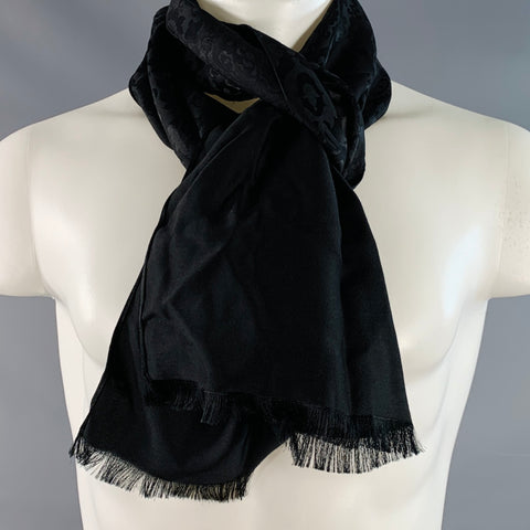 GIORGIO ARMANI Black Tapestry Wool Silk Fringe Scarf