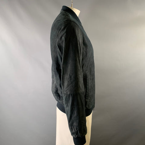 Blouson d'aviateur en cuir bleu marine John Varvatos taille L