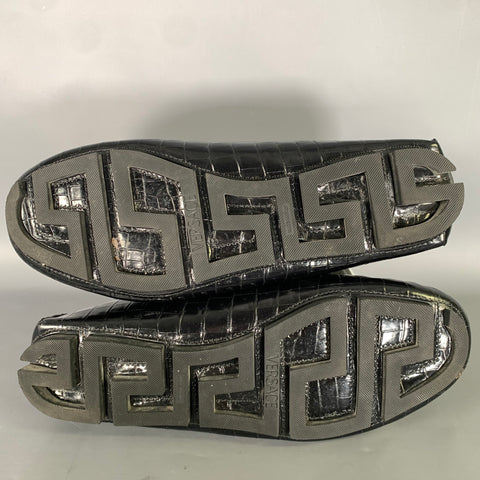 VERSACE Size 10 Black Gold Embossed Leather Slip On Loafers