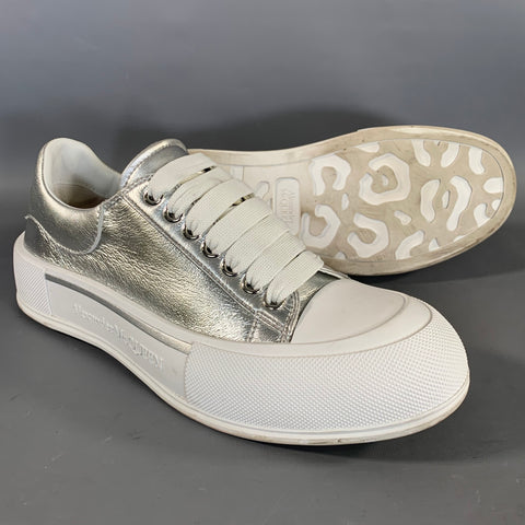 ALEXANDER MCQUEEN Size 9 Silver White Metallic Leather Lace Sneakers