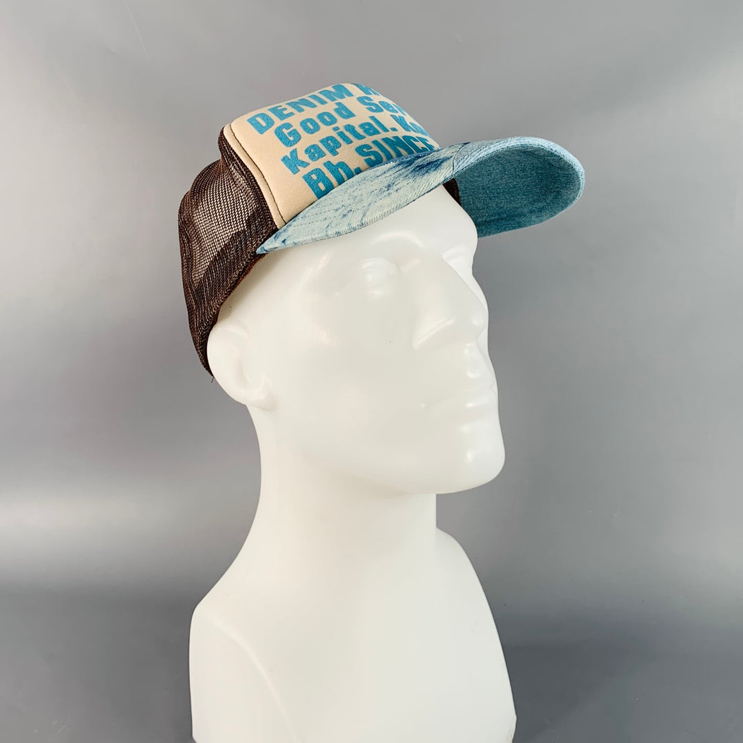 KAPITAL KOUNTRY Denim Repair Blue Beige Patchwork Denim Mesh Trucker Hat