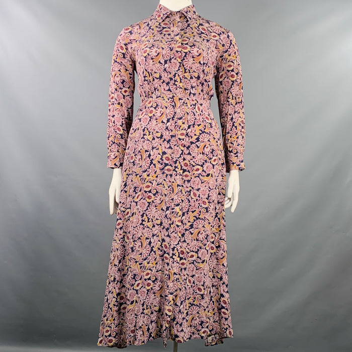MAX MARA Taille 44 Marine Bordeaux Soie Imprimé Floral Abstrait Robe Chemise Longue
