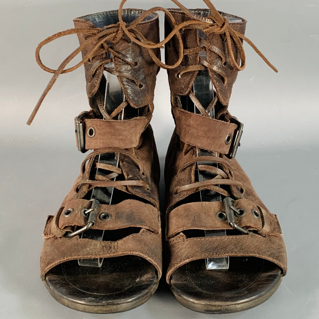 MARSELL Size 7.5 Brown Leather Gladiator Lace-Up Boots