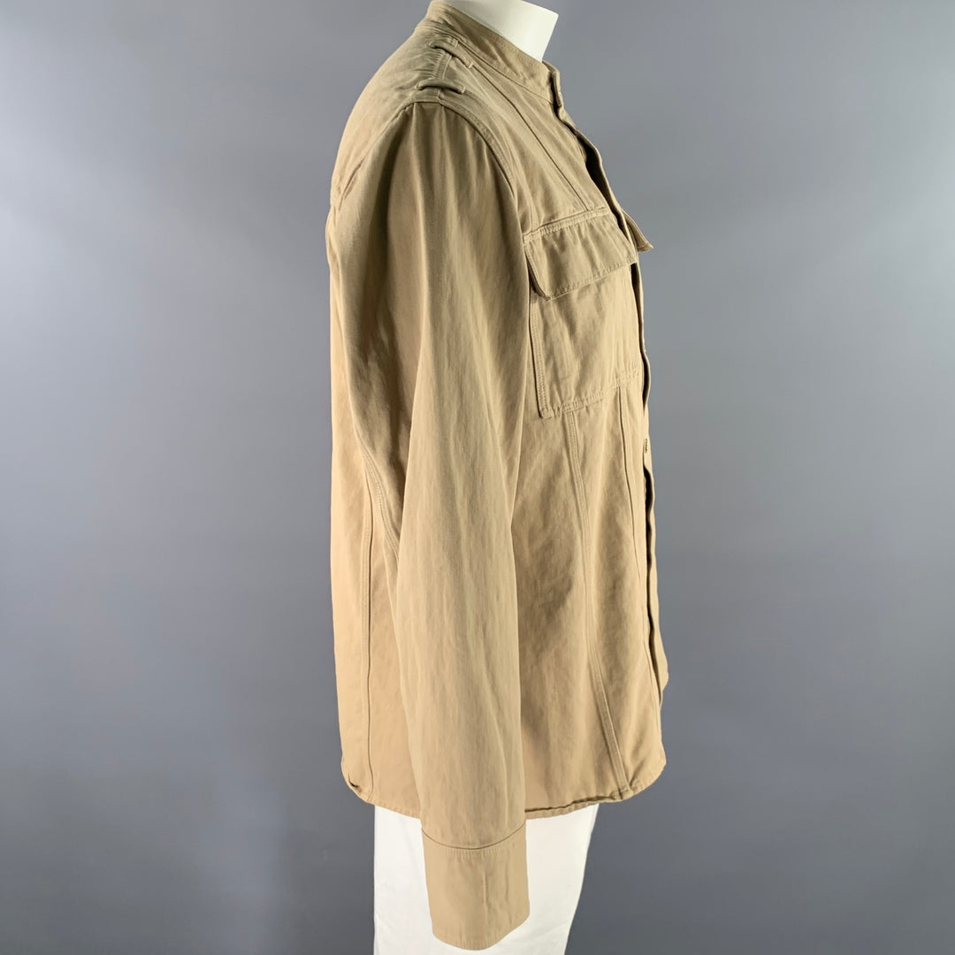 BALMAIN Size XL Khaki Arm Patch Cotton Band Collar Jacket