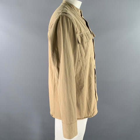 BALMAIN Size XL Khaki Arm Patch Cotton Band Collar Jacket