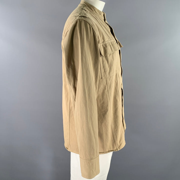 BALMAIN Size XL Khaki Arm Patch Cotton Band Collar Jacket