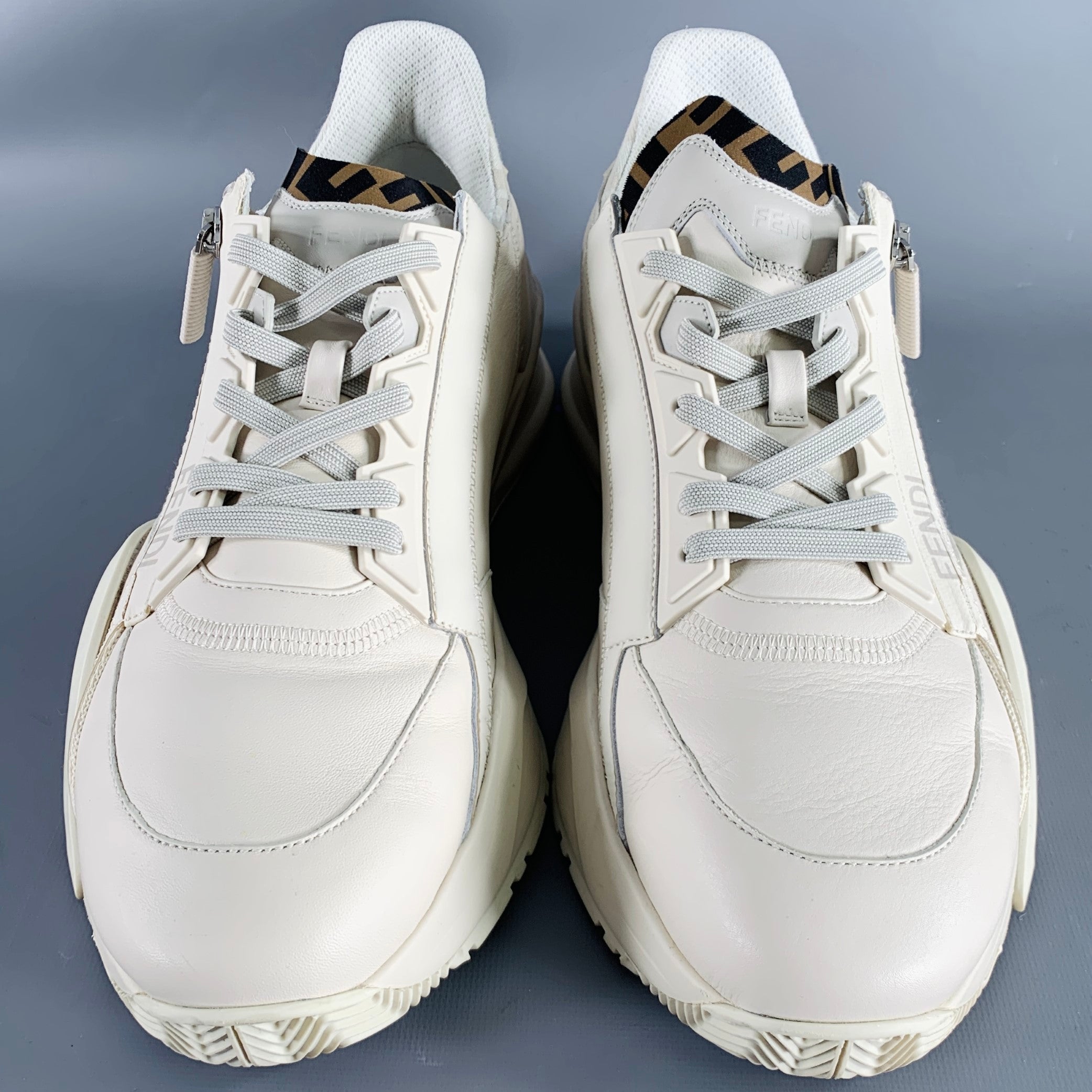  feeフィート FENDI Size 11 White Off-White Leather Lace Up Zipper Flow Sneakers