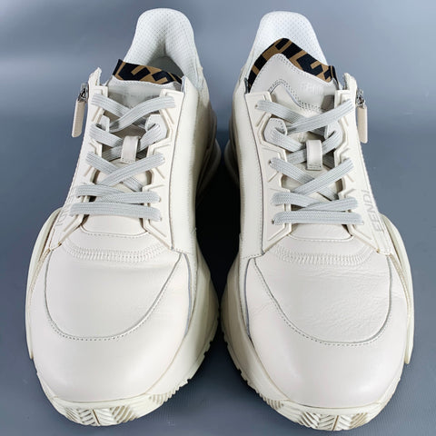 FENDI Size 11 White Off-White Leather Lace Up Zipper Flow Sneakers