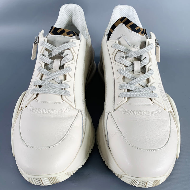 FENDI Size 11 White Off-White Leather Lace Up Zipper Flow Sneakers