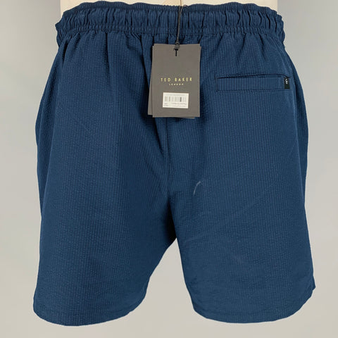 TED BAKER Size XL Navy Seersucker Drawstring Swim Trunks
