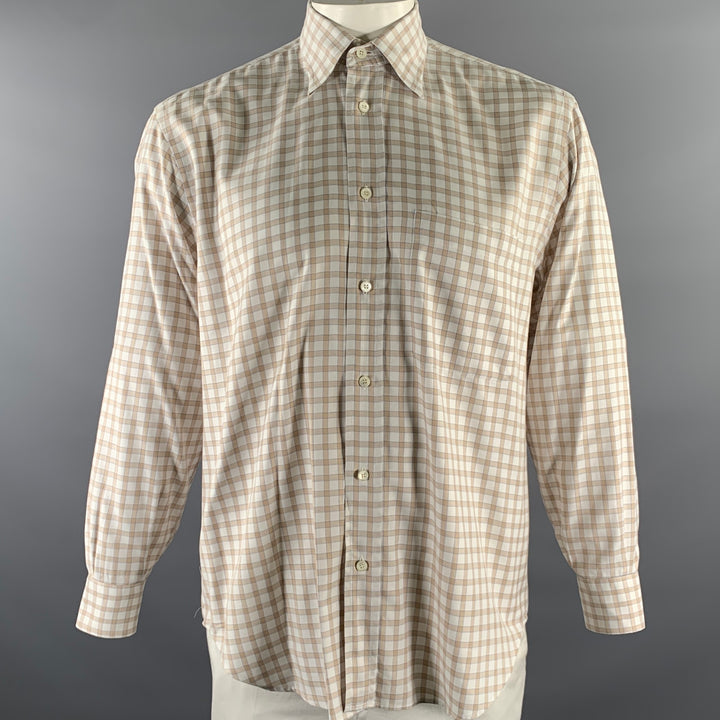 BRIONI Size L White Blue Tan Gingham Cotton Pointed Long Sleeve Shirt
