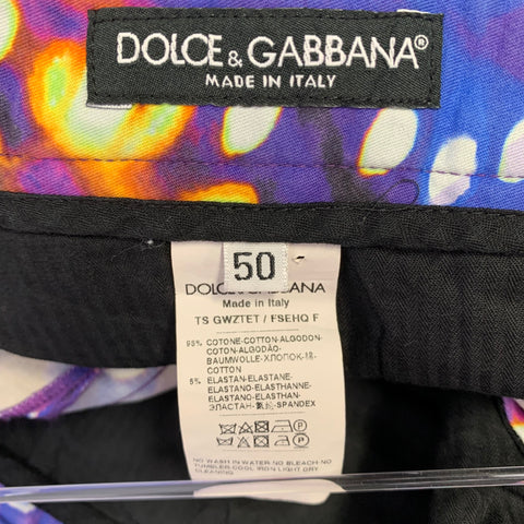 DOLCE & GABBANA Size 32 Purple Multi Color Print Cotton Blend Dress Pants