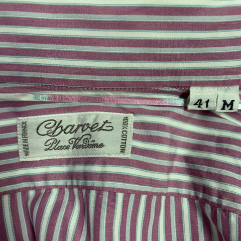 CHARVET Size M White Lilac Stripe Cotton Curved Cutaway Long Sleeve Shirt