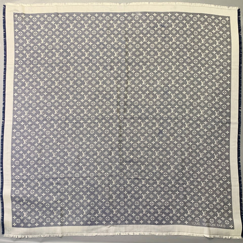 LOUIS VUITTON Blue Grey Monogram Silk Wool Square Fringe Scarf Shawl