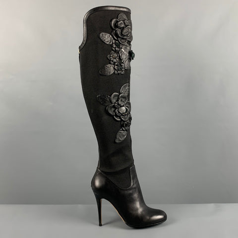 VALENTINO Size 7 Black Nylon Floral Applique Boots
