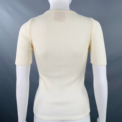 COURREGES Size 0 Cream Acrylic Rib Knit Short Sleeve Casual Top