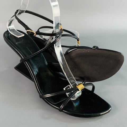 KHAITE Size 9.5 Seneca Black Gold Leather Straps Wedge Sandals